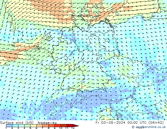 Surface wind (bft) Arpege-eu Fr 03.05.2024 00 UTC