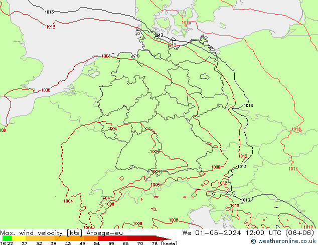 Max. wind velocity Arpege-eu We 01.05.2024 12 UTC