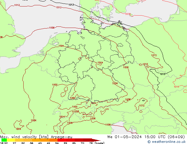 Max. wind velocity Arpege-eu We 01.05.2024 15 UTC