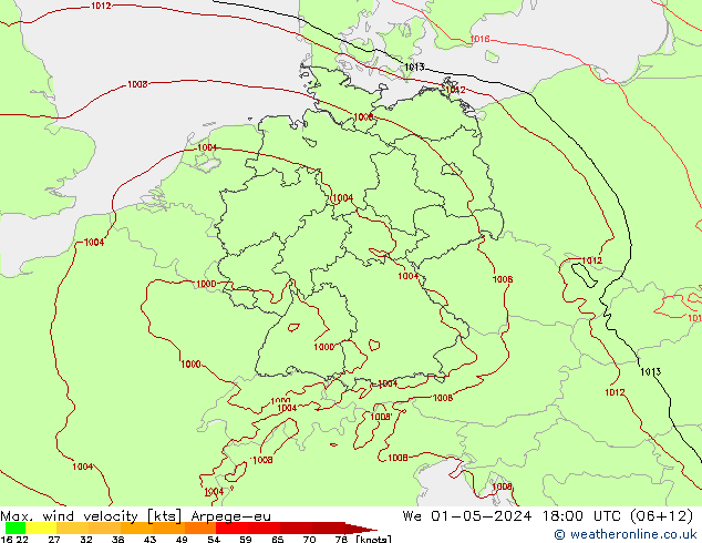 Max. wind velocity Arpege-eu We 01.05.2024 18 UTC