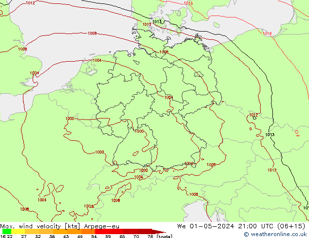 Max. wind velocity Arpege-eu We 01.05.2024 21 UTC