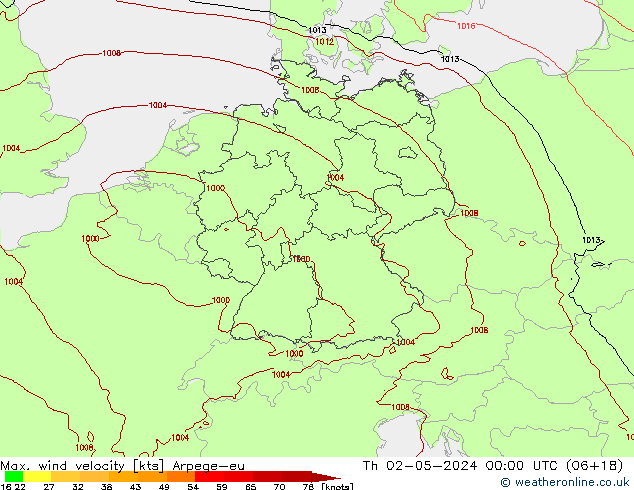 Max. wind velocity Arpege-eu czw. 02.05.2024 00 UTC