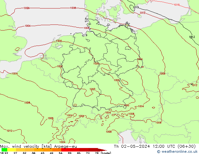 Max. wind velocity Arpege-eu чт 02.05.2024 12 UTC