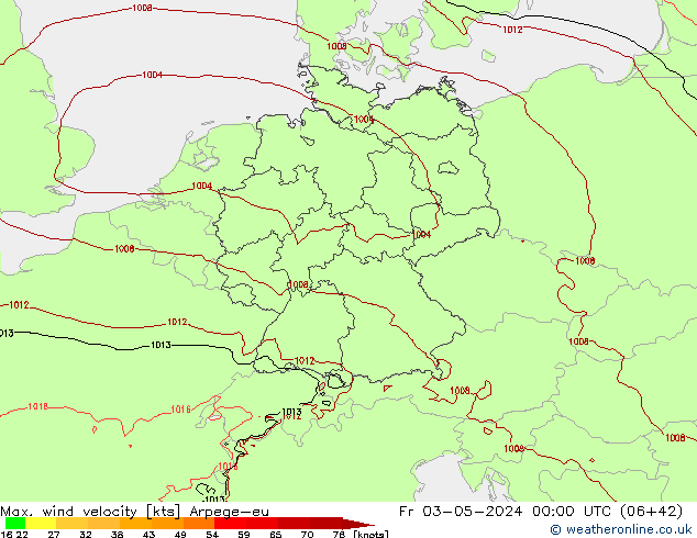 Max. wind velocity Arpege-eu Fr 03.05.2024 00 UTC