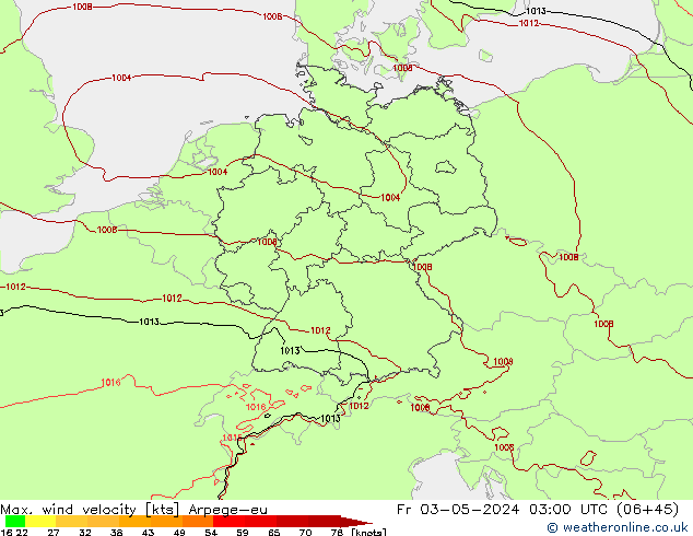 Max. wind velocity Arpege-eu ven 03.05.2024 03 UTC