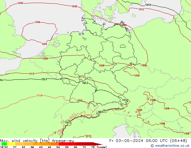 Max. wind velocity Arpege-eu ven 03.05.2024 06 UTC