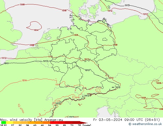 Max. wind velocity Arpege-eu Fr 03.05.2024 09 UTC
