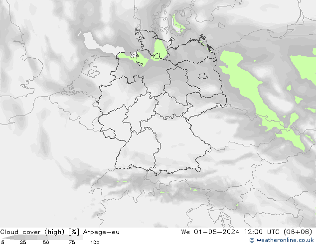 Cloud cover (high) Arpege-eu We 01.05.2024 12 UTC