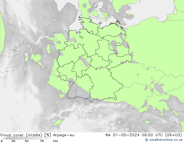 Wolken (mittel) Arpege-eu Mi 01.05.2024 09 UTC