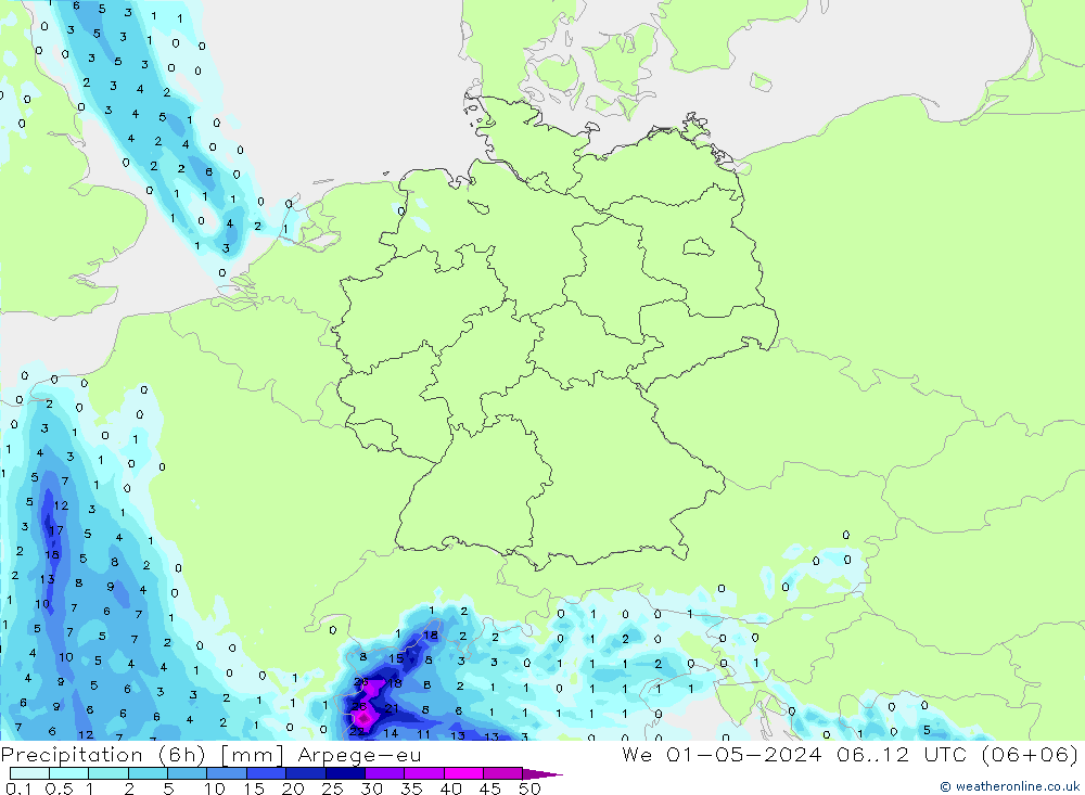 Precipitation (6h) Arpege-eu We 01.05.2024 12 UTC