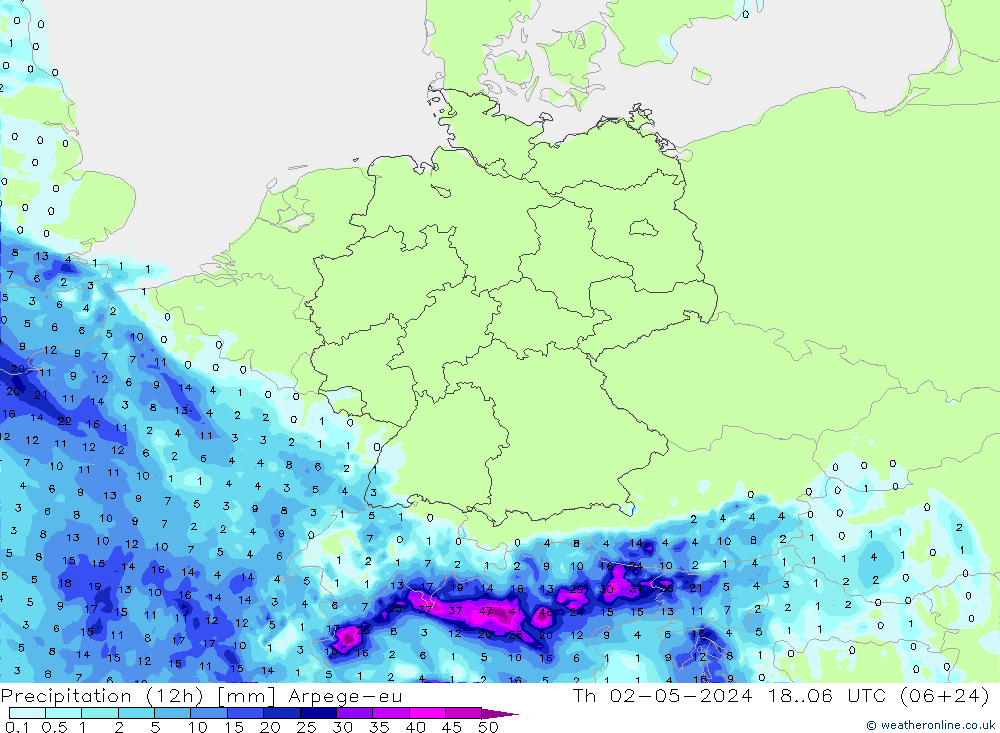 Precipitación (12h) Arpege-eu jue 02.05.2024 06 UTC