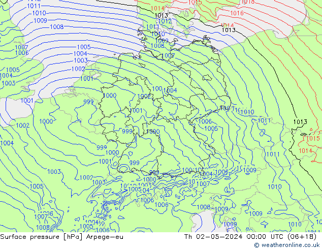 Pressione al suolo Arpege-eu gio 02.05.2024 00 UTC