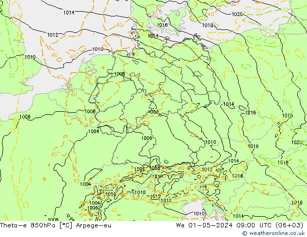 Theta-e 850hPa Arpege-eu We 01.05.2024 09 UTC