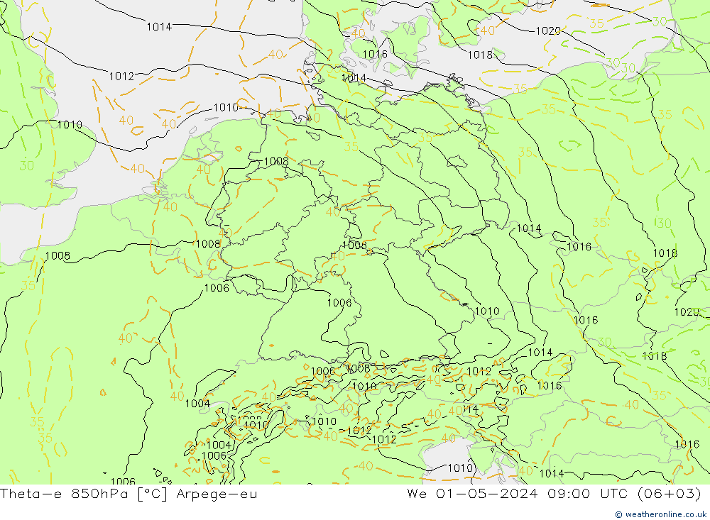 Theta-e 850hPa Arpege-eu We 01.05.2024 09 UTC