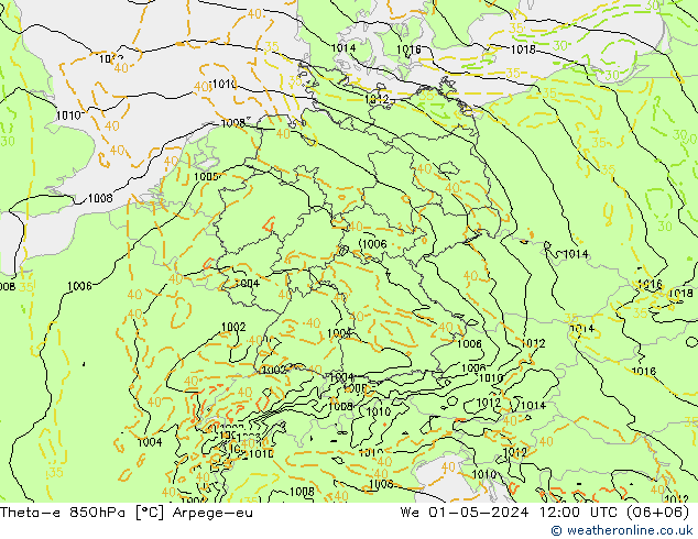 Theta-e 850hPa Arpege-eu Mi 01.05.2024 12 UTC