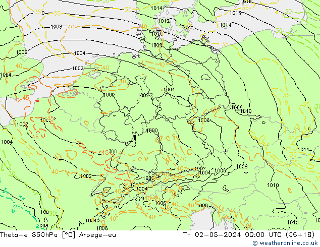 Theta-e 850hPa Arpege-eu jeu 02.05.2024 00 UTC