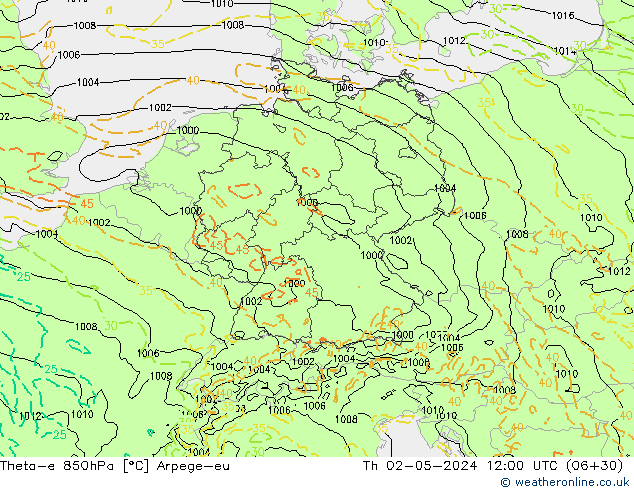 Theta-e 850hPa Arpege-eu do 02.05.2024 12 UTC