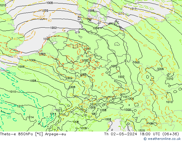 Theta-e 850hPa Arpege-eu Qui 02.05.2024 18 UTC