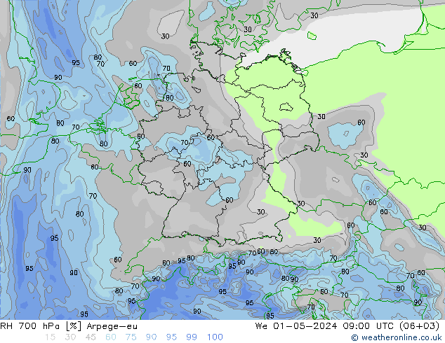 RH 700 hPa Arpege-eu mer 01.05.2024 09 UTC