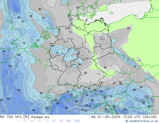 RH 700 hPa Arpege-eu We 01.05.2024 12 UTC