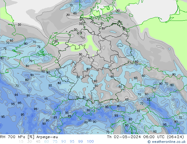 RH 700 hPa Arpege-eu Do 02.05.2024 06 UTC