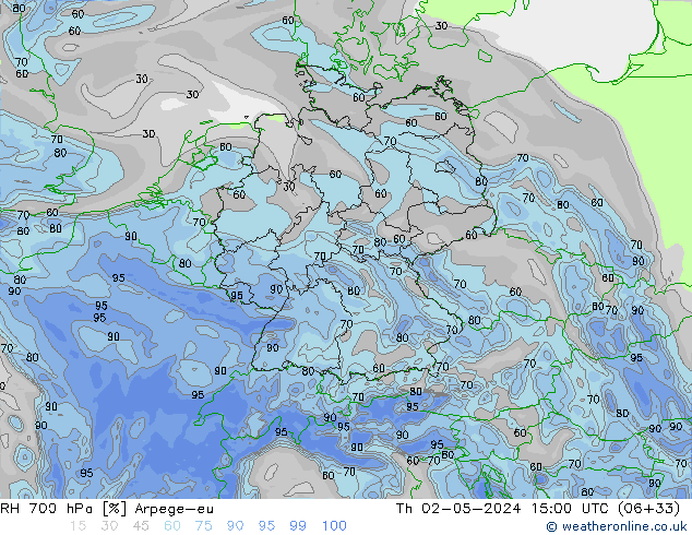 Humidité rel. 700 hPa Arpege-eu jeu 02.05.2024 15 UTC