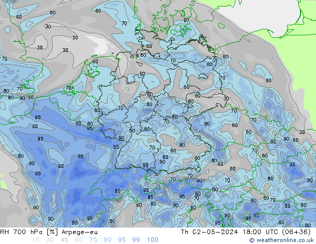 RH 700 hPa Arpege-eu Th 02.05.2024 18 UTC