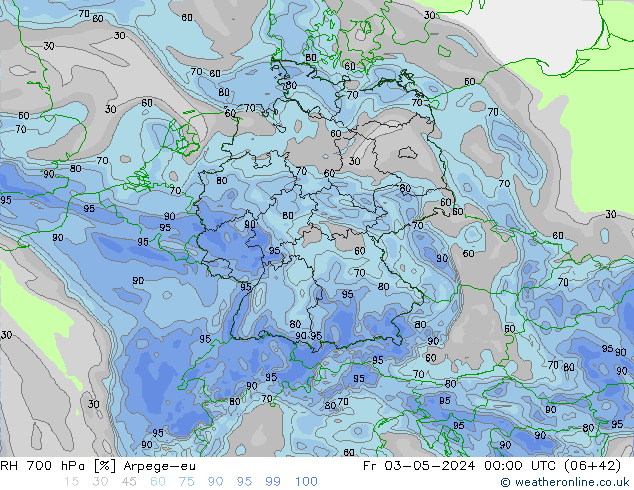 Humidité rel. 700 hPa Arpege-eu ven 03.05.2024 00 UTC