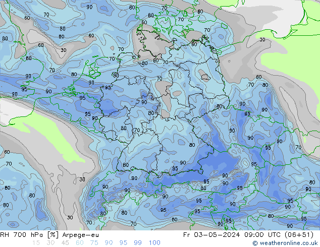 RH 700 hPa Arpege-eu ven 03.05.2024 09 UTC