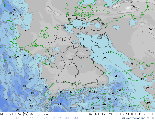 RH 850 hPa Arpege-eu Qua 01.05.2024 15 UTC