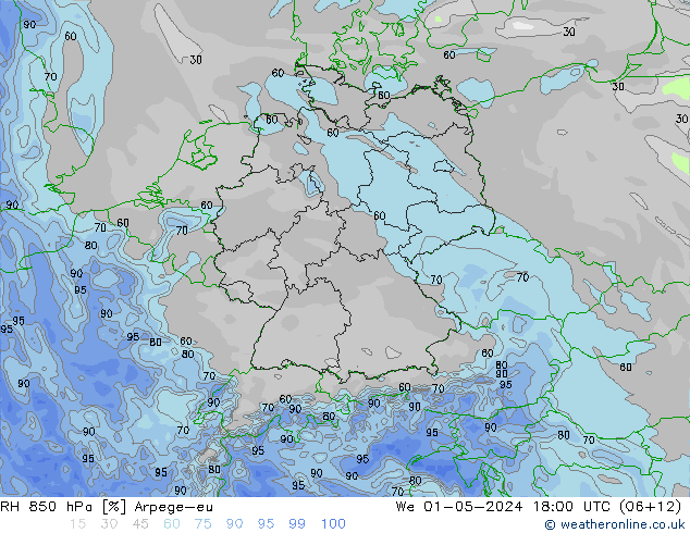 Humedad rel. 850hPa Arpege-eu mié 01.05.2024 18 UTC