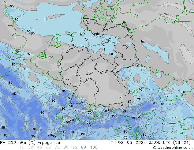 RH 850 hPa Arpege-eu Th 02.05.2024 03 UTC