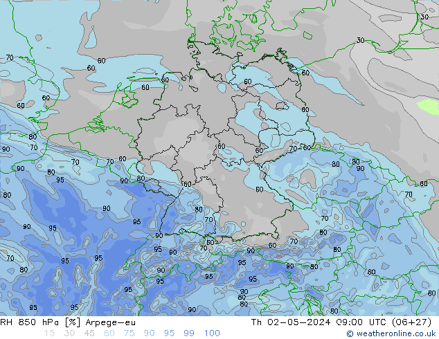 RH 850 hPa Arpege-eu Čt 02.05.2024 09 UTC