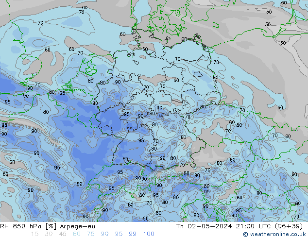 Humedad rel. 850hPa Arpege-eu jue 02.05.2024 21 UTC