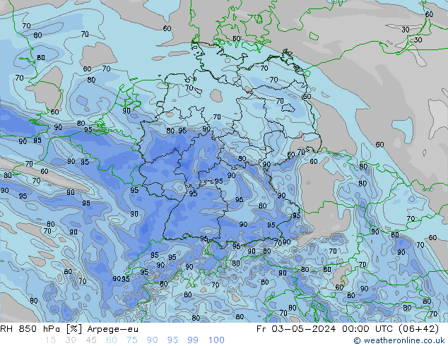 Humidité rel. 850 hPa Arpege-eu ven 03.05.2024 00 UTC