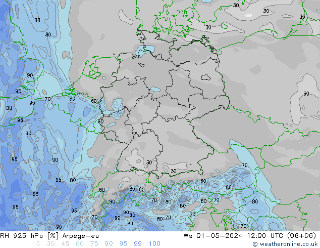 Humedad rel. 925hPa Arpege-eu mié 01.05.2024 12 UTC