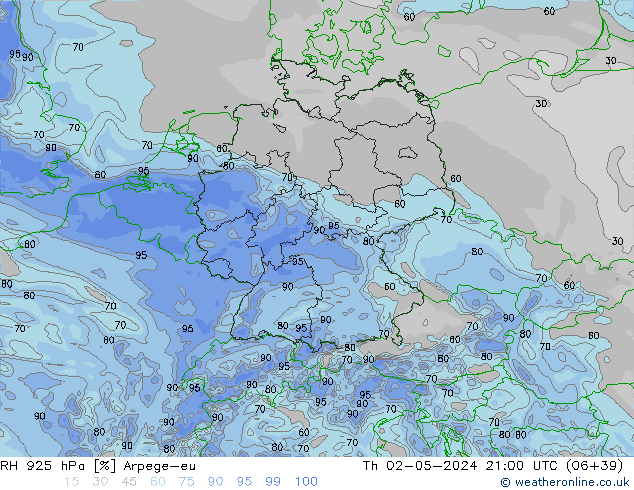 RH 925 hPa Arpege-eu Čt 02.05.2024 21 UTC