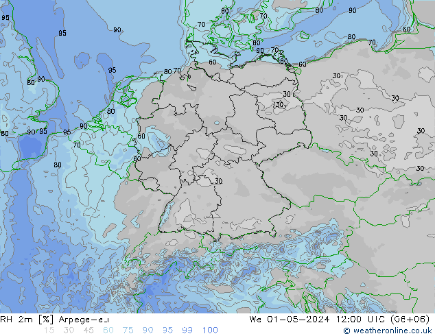 RH 2m Arpege-eu mer 01.05.2024 12 UTC