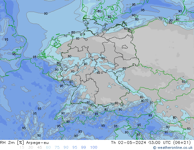 Humidité rel. 2m Arpege-eu jeu 02.05.2024 03 UTC