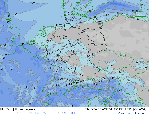 Humedad rel. 2m Arpege-eu jue 02.05.2024 06 UTC