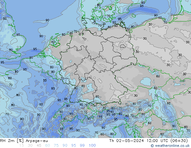 Humedad rel. 2m Arpege-eu jue 02.05.2024 12 UTC