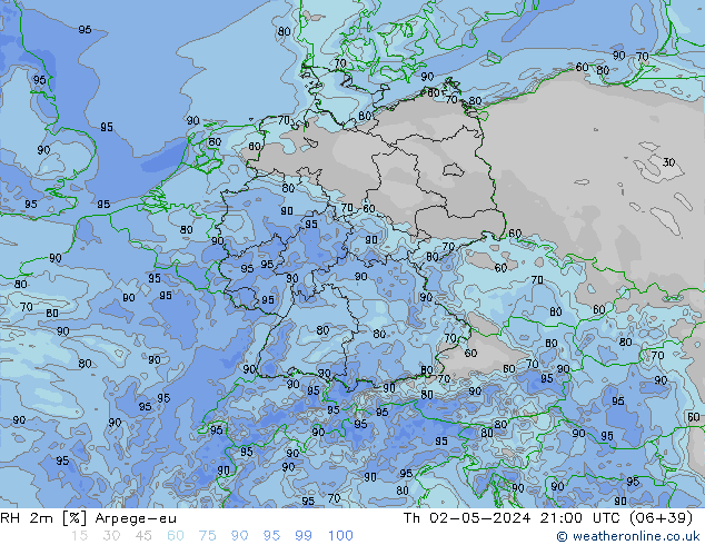 Humidité rel. 2m Arpege-eu jeu 02.05.2024 21 UTC