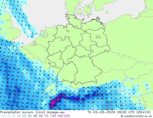 Precipitation accum. Arpege-eu czw. 02.05.2024 06 UTC