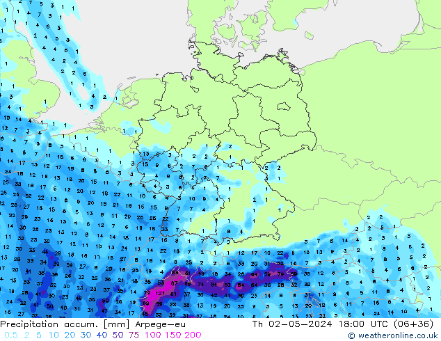 Precipitation accum. Arpege-eu Th 02.05.2024 18 UTC