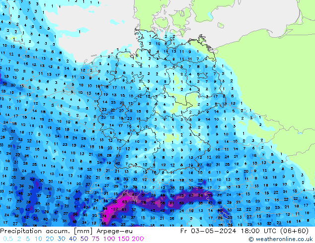 Precipitation accum. Arpege-eu Pá 03.05.2024 18 UTC