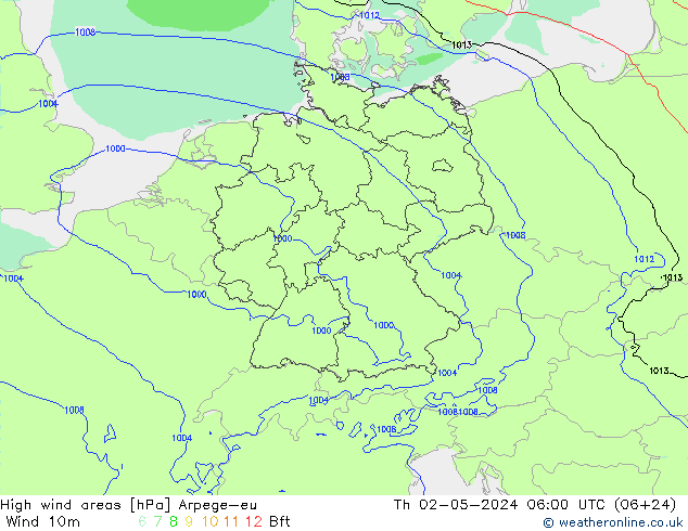 High wind areas Arpege-eu Čt 02.05.2024 06 UTC