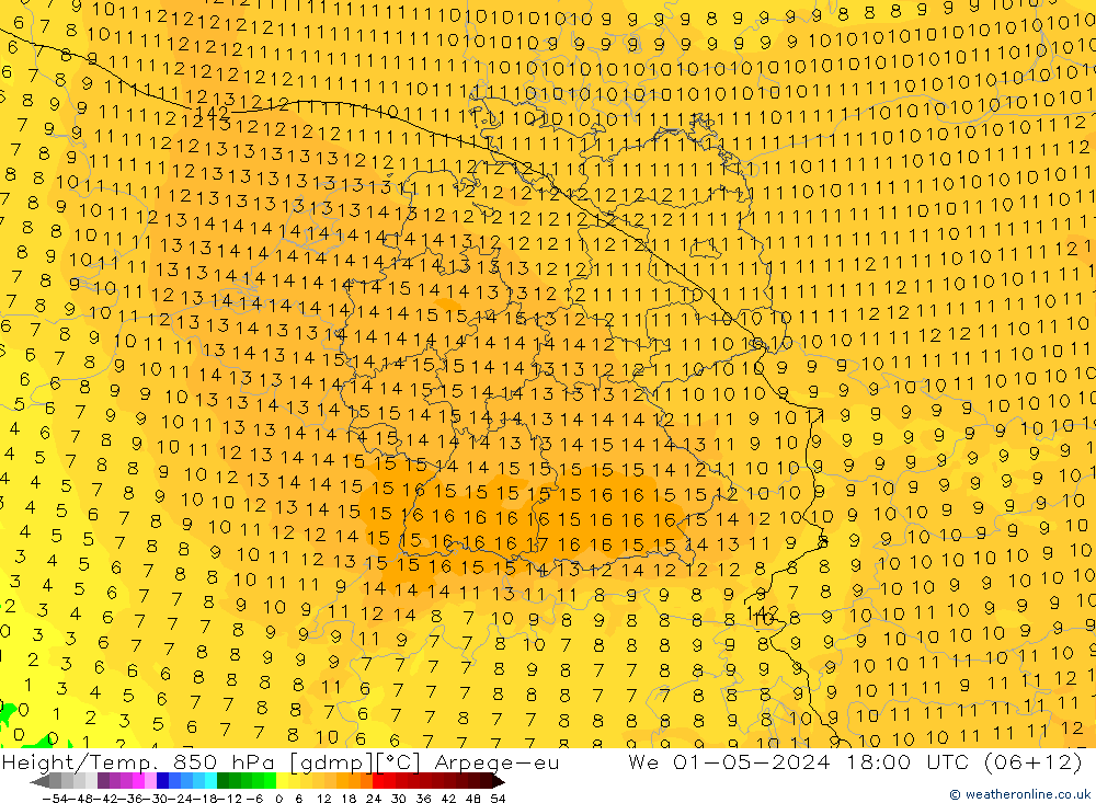 Height/Temp. 850 hPa Arpege-eu Mi 01.05.2024 18 UTC