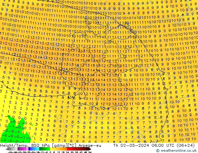 Height/Temp. 850 гПа Arpege-eu чт 02.05.2024 06 UTC