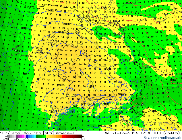 SLP/Temp. 850 hPa Arpege-eu  01.05.2024 12 UTC