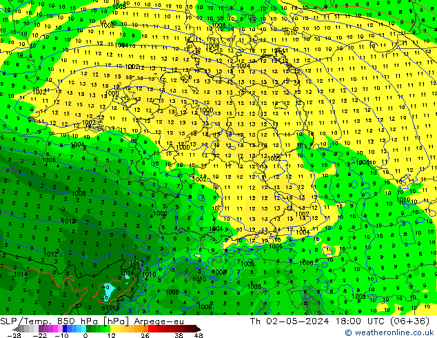 SLP/Temp. 850 hPa Arpege-eu Th 02.05.2024 18 UTC